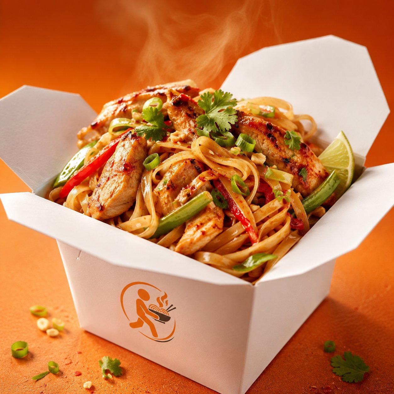 Thai To Walk noodle box with grilled chicken, peppers and fresh herbs